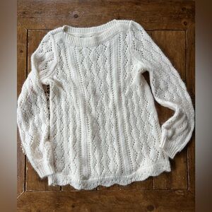 ANN TAYLOR LOFT Boat Neck Pullover Cream Plead Knit Sweater Women's Size Medium